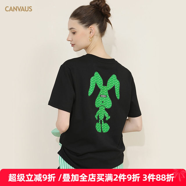 CANVAUS round neck rabbit printed T-shirt for women with shoulders, short sleeves, loose black summer cotton cartoon women's top