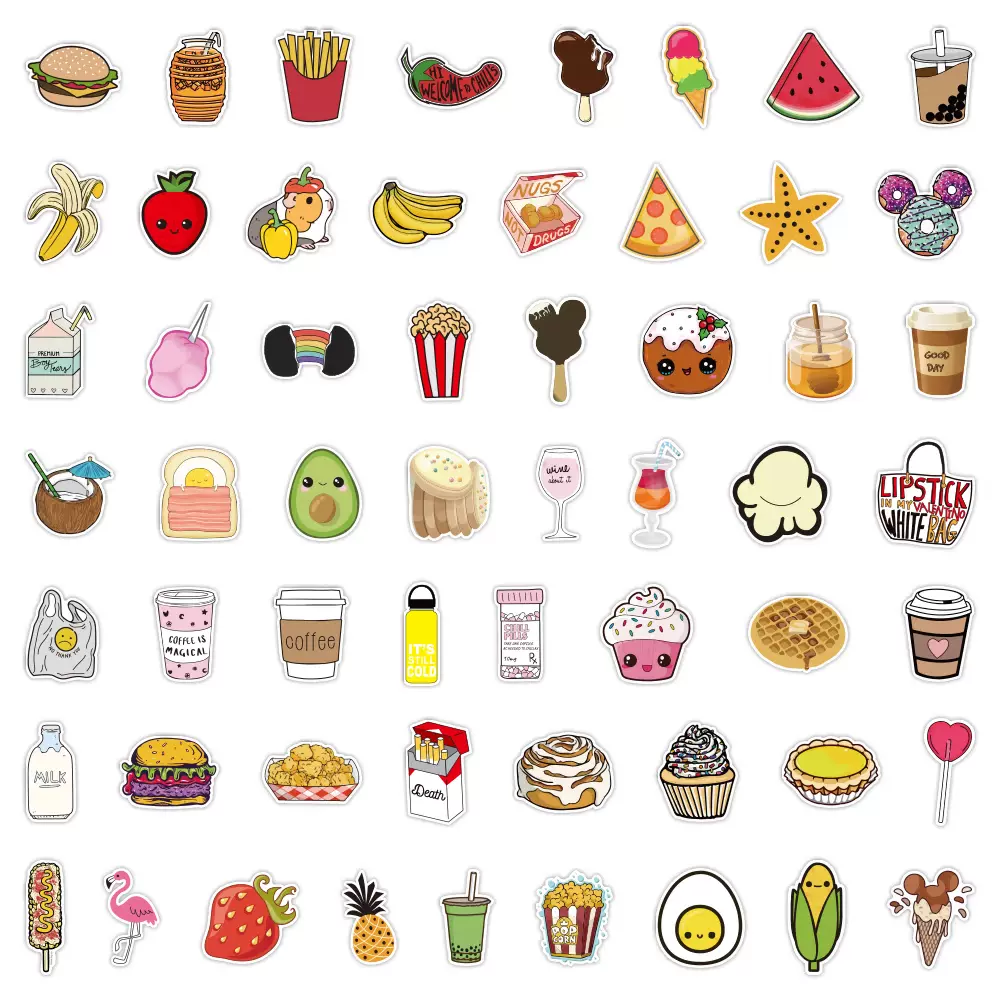 100张卡通食物贴纸男女手账个性装饰小贴画行李箱笔记本贴纸电动车
