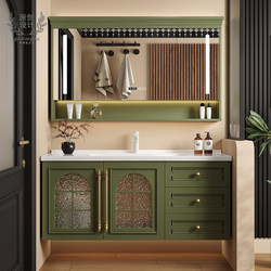 French-Style Avocado Green Bathroom Cabinet Set with Integrated Ceramic Basin, Vintage Washbasin, Bathroom Vanity Cabinet
