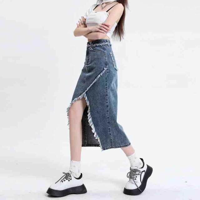 
High-waisted irregular slit denim skirt for spring and summer new slim retro fur edge design a-line long skirt