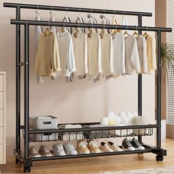 Simple Coat Rack, Floor-Standing Bedroom Clothes Rack, Household Double Hanging Rod Clothes Storage Rack, Balcony Simple Clothes Drying Rack