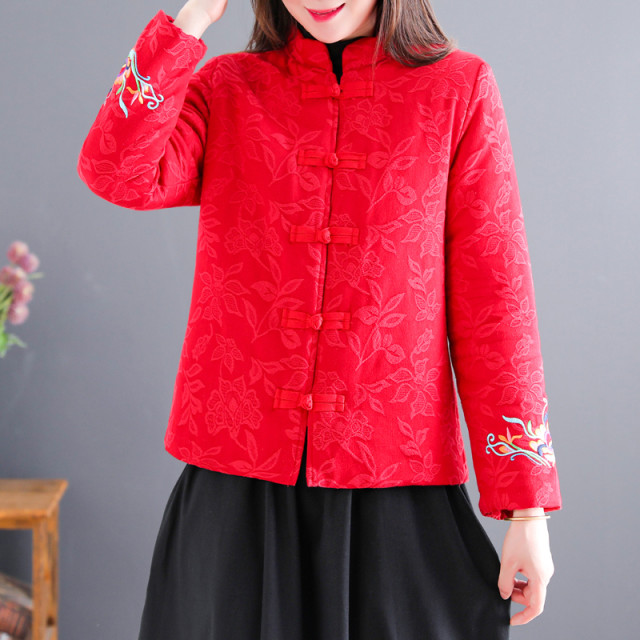 
Ethnic style embroidered disc-button cotton coat for women in autumn and winter mother's cotton coat with stand collar, short national style jacquard cotton-padded jacket