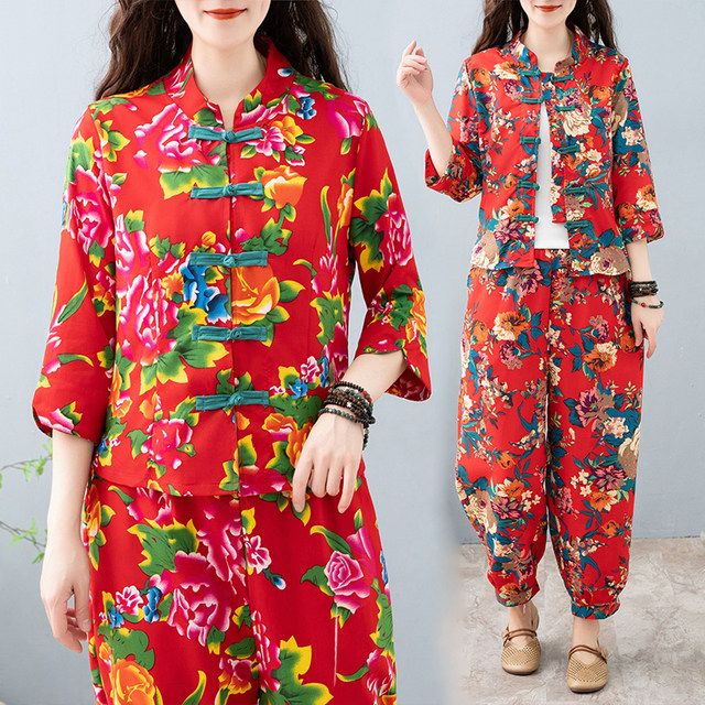 Northeast large flower summer suit fashionable printed shirt short jacket women's bloomers ethnic style cotton and linen two-piece set
