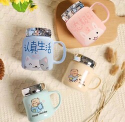 High-Appearance Value Instagram-Style Cute Ceramic Water Cup with Lid, Mirror Surface Mug, Couple's Cup with Handle, Drinking Cup