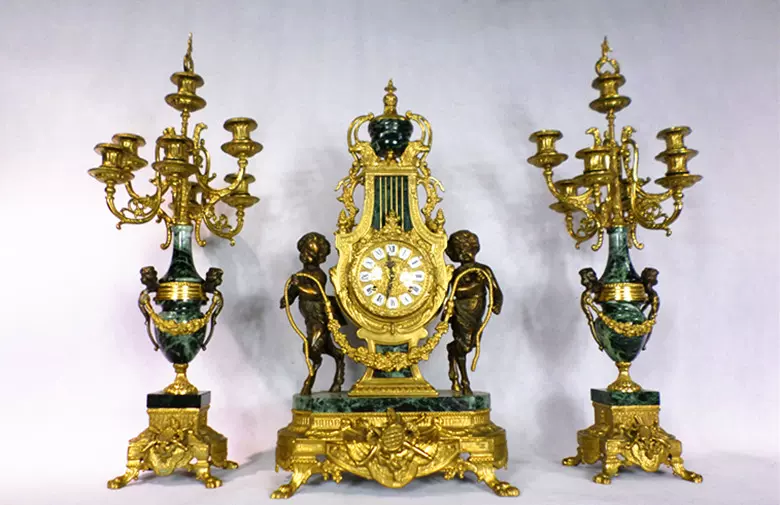 西洋古董欧洲收藏品法国镶鎏金铜饰天使雕塑三件套壁炉钟新到-Taobao