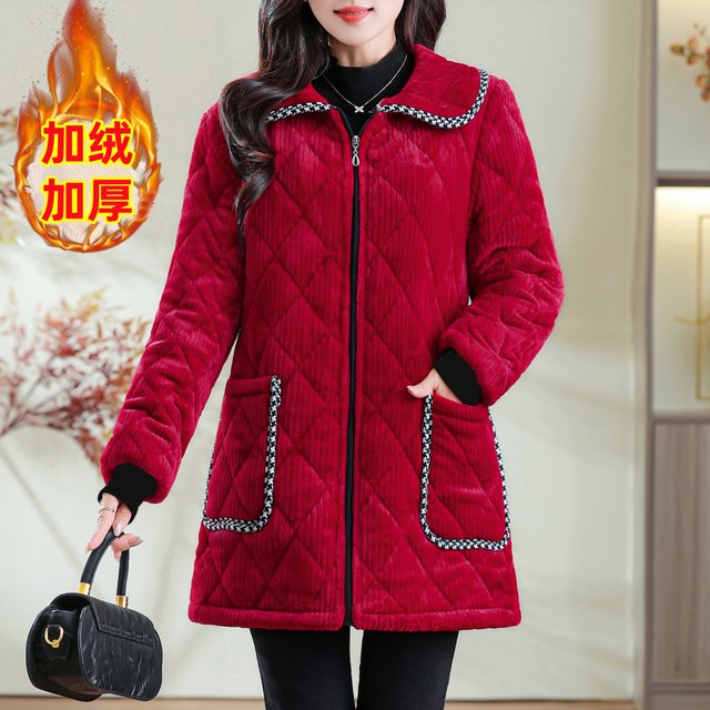 Winter velvet mother's smock, new thickened zipper, mid-length cotton coat, jacket, work clothes, warm cotton coat