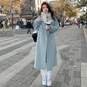 Blue double -sided velvet coat 2024 autumn and winter new Korean version of the loose medium -long long -length band woolen
