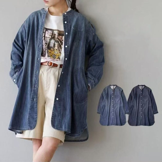 Foreign Trade Daily Single Women's Denim Skirt 2025 Spring New Stand Collar Long Sleeve Loose Fashion Fashion Fashion Casual Mid-Long Long Skirt
