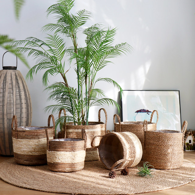 Nordic rattan woven straw flower pots, green plants, floor-standing large set of pots, woven flower baskets, high-end light luxury home decoration baskets