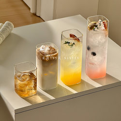 Casual Square Glass Cup for Home Use, Transparent Summer Juice Cup, Cold Drink Cup, ins Coffee Cup, Milk Cup, Drinking Cup