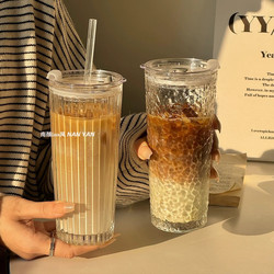 High-Quality Transparent Coffee Ice American Latte Glass Cup with Large Capacity, Lid, and Straw, Suitable for Office Use