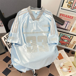 V-Neck Short-Sleeve T-Shirt for Men, Summer Trendy Brand, Loose Casual Five-Quarter Sleeve Top, American-Style Ice Silk Printed Sports Jersey