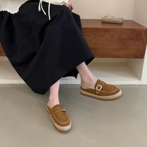 
2026 spring new style frosted cowhide toe-cap belt buckle flat slippers hemp rope woven genuine leather fisherman shoes for women