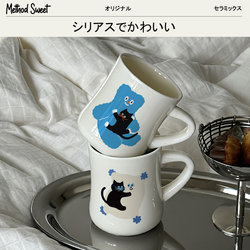Metsweet Original Cream-Colored Ceramic Mug with a Cuddly Black Cat Design, Breakfast Milk Cup, Korean Style, Simple and Cute Design