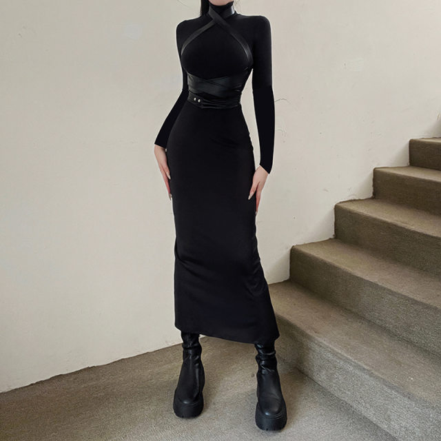 Lace patchwork dress for women, new autumn and winter style, waist-cinching, slimming, vintage design long dress