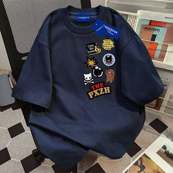 Heavy Weight Cotton Retro Design Letter Printed Short-Sleeved T-Shirt for Men, Summer Loose Casual Couple T-Shirt