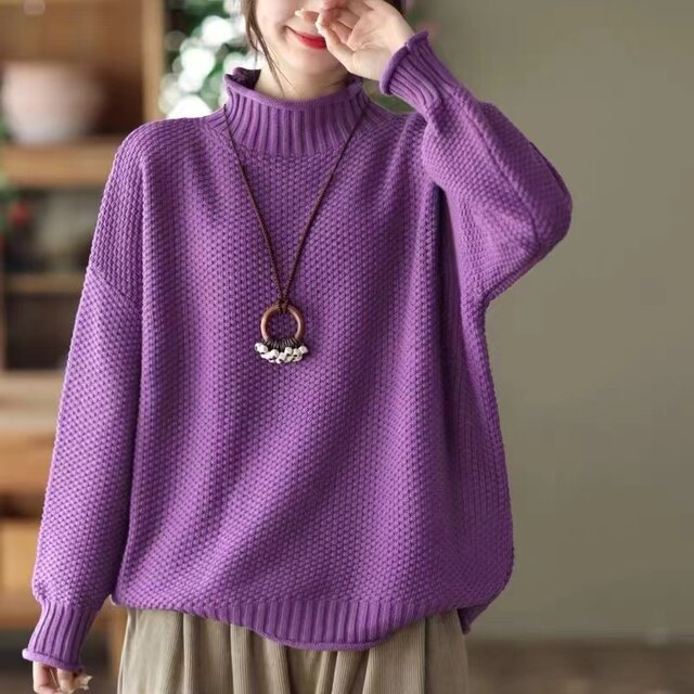 New autumn purple half turtleneck cotton thread sweater for women loose large size meat covering casual versatile pullover knitted thread