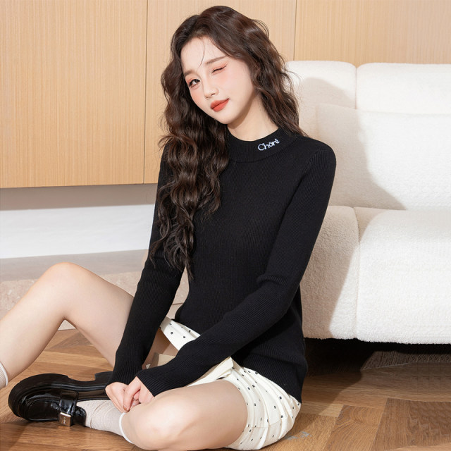 Tang Lion Half -neck sweater female 2025 spring new Korean embroidery slim body thin inside shirt shirt