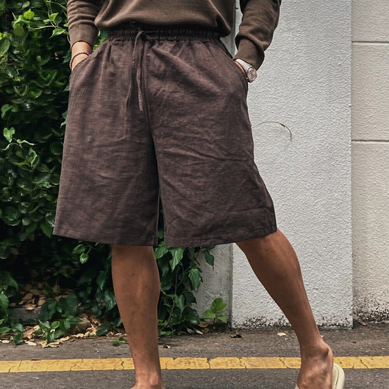 
MUEUL Korean niche men's clothing SF Express free shipping for men's linen strap casual shorts loose breathable five-point pants