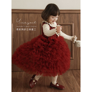 
Youyou Girls 2025 Winter Suit Children's Lace Collar Bottoming Shirt Spliced Smocked Mesh Cake Skirt Plus Velvet Style