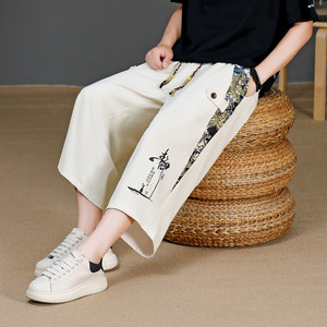
New Chinese style straight cropped pants for men in summer loose and casual ice silk cool medium pants Chinese trend quick-dry shorts