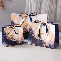 Ready Stock Sapphire Blue Paper Bag with Marble Pattern Packaging Bag, High-End Fashion Handbag, Gift Bag, Clothing Bag