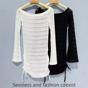 
Amber single women's solid color hollow bikini sun protection blouse thin high-end loose flared sleeves