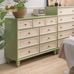 American-Style Chest of Drawers, Living Room Corner Cabinet, Green Solid Wood Vintage Painted Five-Drawer and Nine-Drawer Cabinet, Bedroom Bedside Cabinet Combination