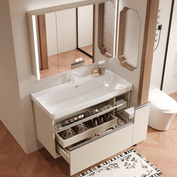 Ocean Integrated Ceramic Basin Cream Japanese-style Large Storage Bathroom Cabinet Combination Drawer Basket Washing Table Washing Basin