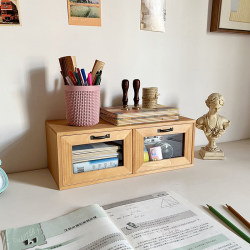 Zakka Solid Wood Storage Box Dormitory Desktop Organizer Wooden Small Storage Cabinet Glass Drawer Type Dustproof Storage Box