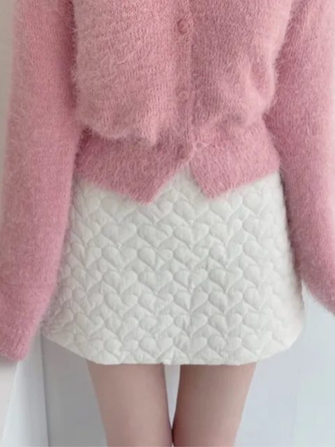 South Korea Chic autumn and winter versic sweet cotton cotton -straight love cotton pattern skirt women's high -waist A -line skirt