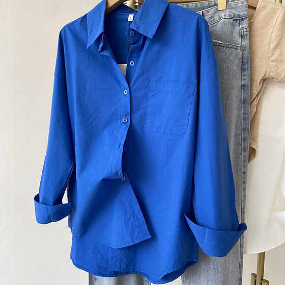 2026 Korean Klein Blue Shirt Women's Single-breasted Early Autumn Long-Sleeved Premium Shirt Women Small and Loose