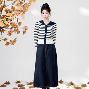 海军领蓝色条纹针织开衫女春秋2026新款撞色v领薄款长袖外套上衣