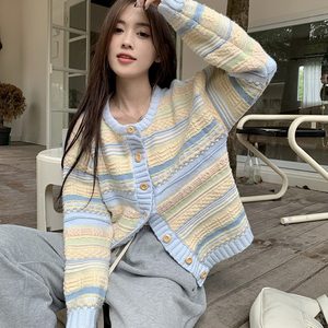 
Early Spring and Autumn 2025 new Korean loose striped coat versatile knitted sweater thin cardigan jacket for women