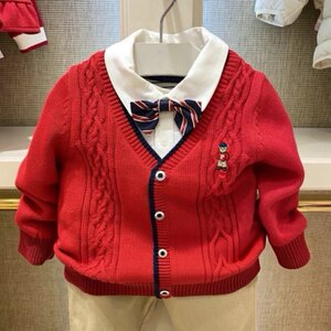 
New Year's Bear Children's Clothing Autumn and Winter New Boys and Infants Bow Tie Fake Two-piece Knitted Sweater 211101A