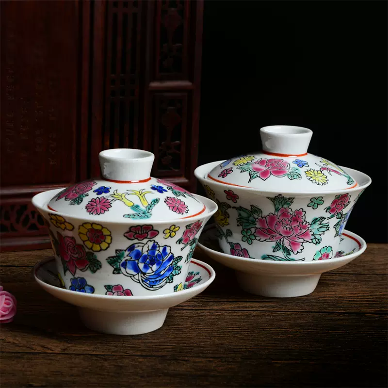 景德镇陶瓷器万花 茶碗 盖碗 粉彩青花三才 - 工芸品
