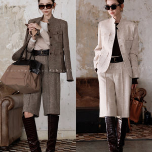 
NeedShop1 Autumn new two-color wool light luxury shoulder stand collar wool jacket + quarter pants suit