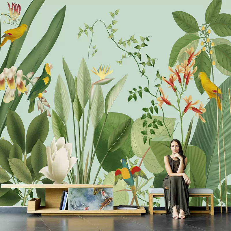 手繪小清晰壁紙美式壁紙北歐熱帶雨林花鳥植物東南亞大型壁畫