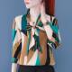 Chiffon bow shirt women's middle sleeve spring and summer 2023 new streamer short-sleeved top mother's printed shirt