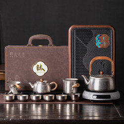 Porcelain Brand Pure Titanium Kung Fu Tea Set with Gaiwan, Teapot, Teacup, Tea Tray, Complete Set for Home and Office Tea Drinking, Gift Box Set