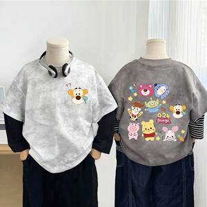 
100% cotton boys' t-shirt long-sleeved fake two-piece 2025 new children's spring and autumn bear baby bottoming shirt autumn t