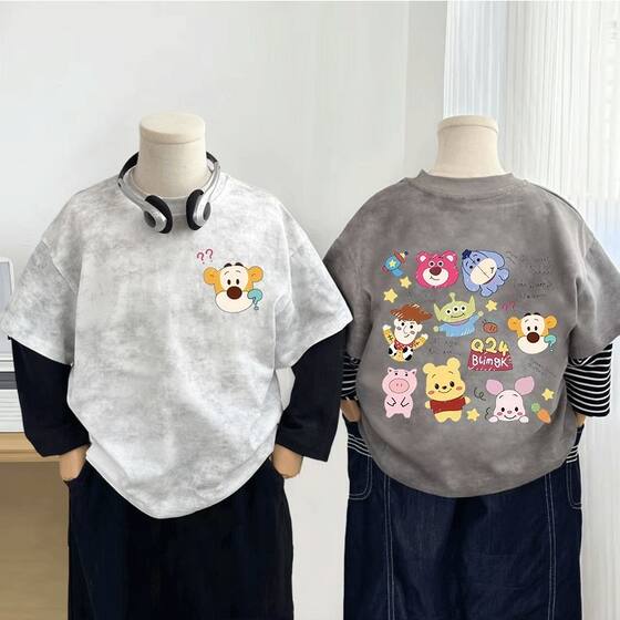
100% cotton boys' t-shirt long-sleeved fake two-piece 2025 new children's spring and autumn bear baby bottoming shirt autumn t
