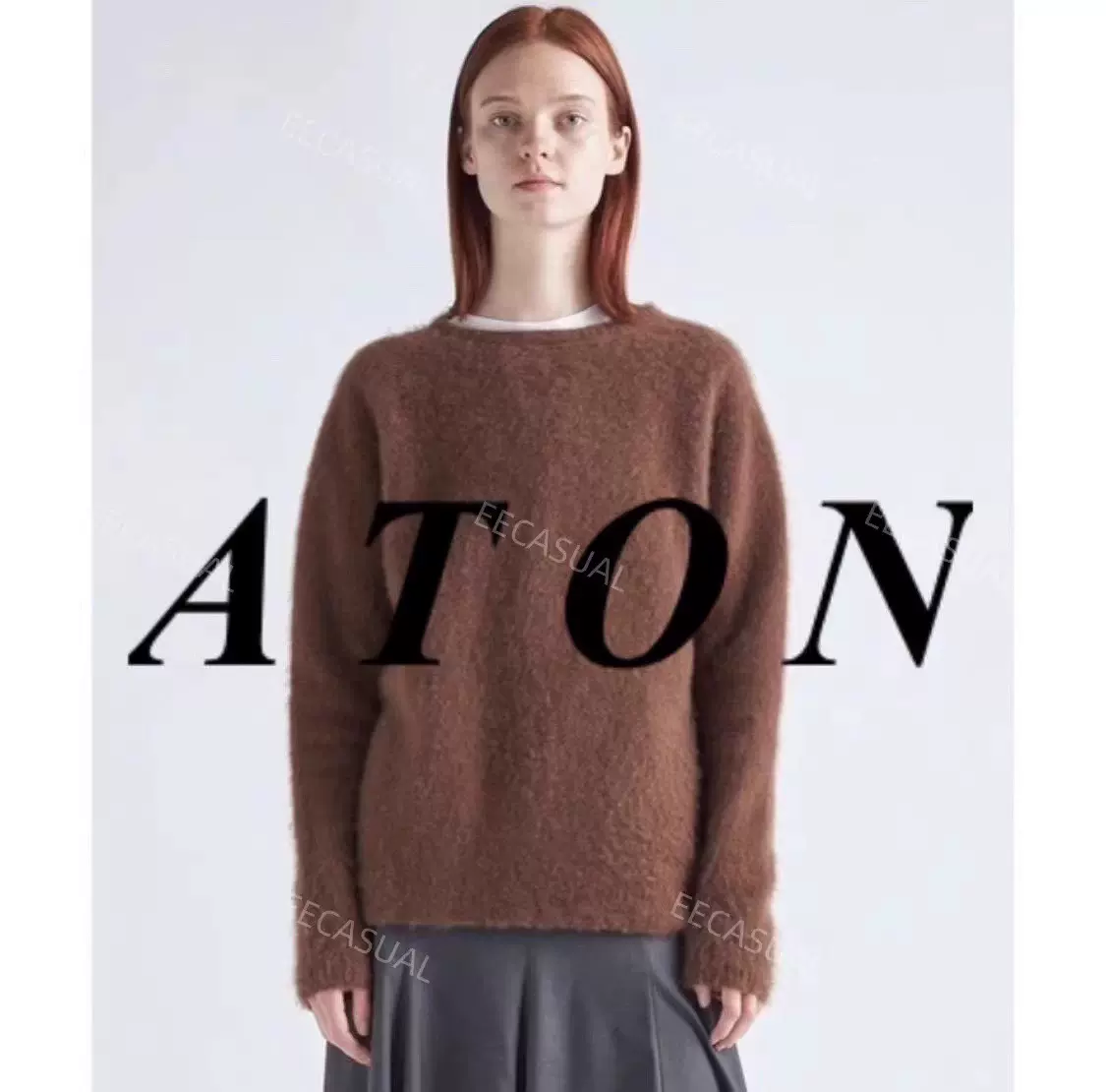 ATON深咖色100羊绒衫毛衣日本制FUR CASHMERE CREWNECK SWEATER-Taobao