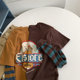 Retro round neck cartoon letter print Striped sleeve fake two T -shirt women contrasting color cotton long -sleeved top female
