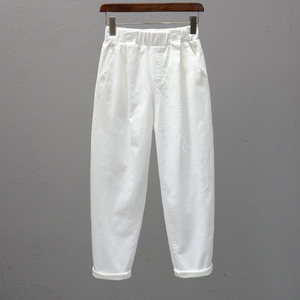 
New spring and summer elastic waist white casual pants for women 2025 loose and slim high waist straight 9-point daddy harem pants