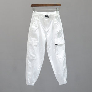 Worker pants white casual women's spring and autumn pocket 9 points loose and thin, loose feet, loose waist Harn radish pants tide
