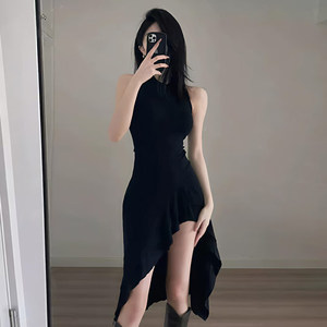 
Cool hot girl style black sleeveless irregular skirt sexy pure desire slimming slim slit mid-length dress