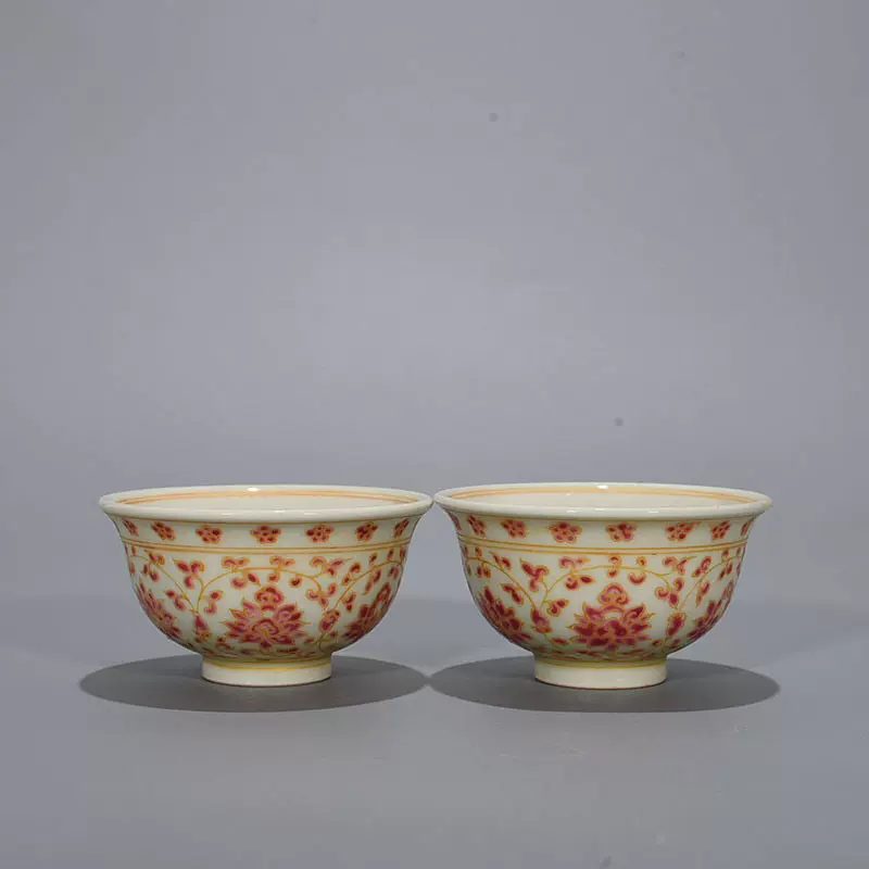 明永乐红彩描金缠枝花卉纹压手杯古董古玩古瓷器-Taobao