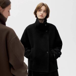 
H family's same style double-sided wool coat for women, high-end texture, stand-up collar, single-breasted design, short cashmere coat