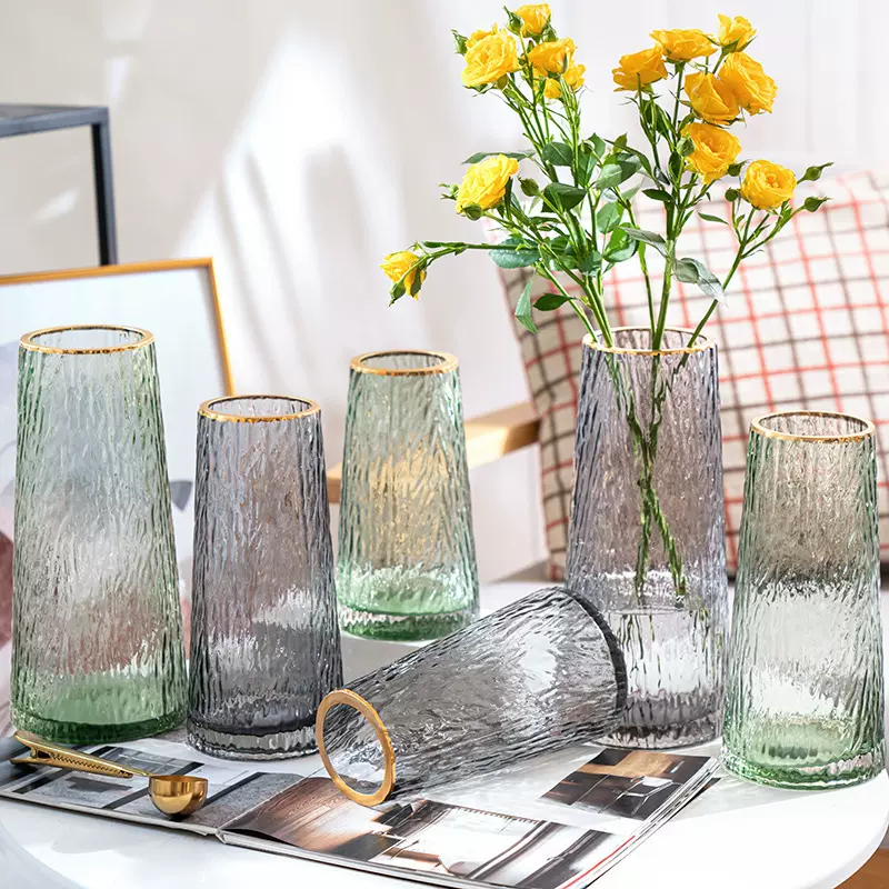 北欧创意简约竖纹玻璃花瓶现代水培透明直筒花器轻奢客厅